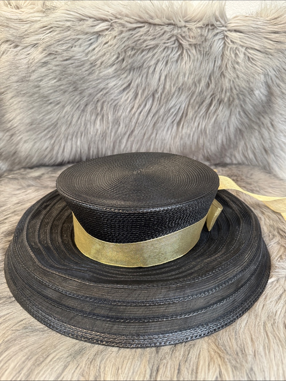 Lord & Taylor Black Straw Boater Hat with Gold Band